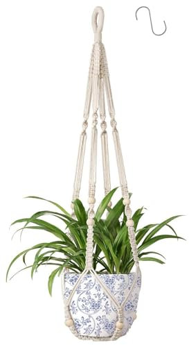 Apstaqeoo Macrame Plant Hanger Indoor Cotton Rope Hanging Planter Basket with Wood Beads Decorative Flower Pot Wall Plant Holder with 1 S Hook for Outdoor Garden Boho Home Decor No Tassels 90CM(1PC)