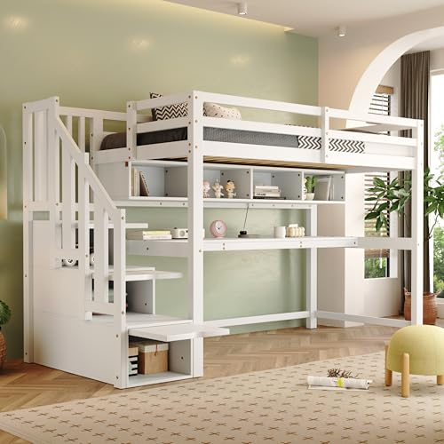 Etagenbett für Kinder, 90 x 200 cm, mit Schreibtisch und Regalen, Hüttenbett für Kinder, 90 x 200, Hochbett mit Barriere, mit Treppe, Weiß