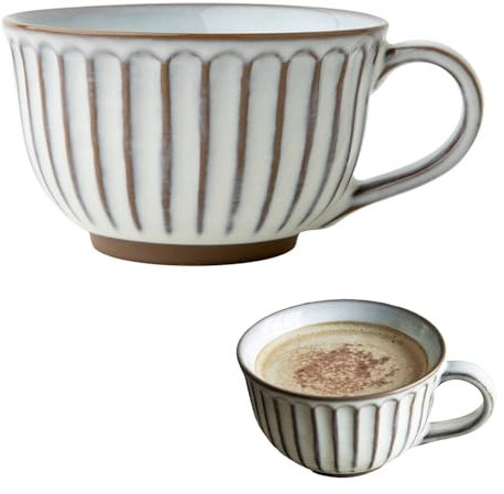 Taza de café grande, 400 ml, cuenco de cerámica con asa, taza de café, cuencos de cereales, ensalada con asa, tazas XXL de capuchino, cuenco ramen (blanco + rayas)