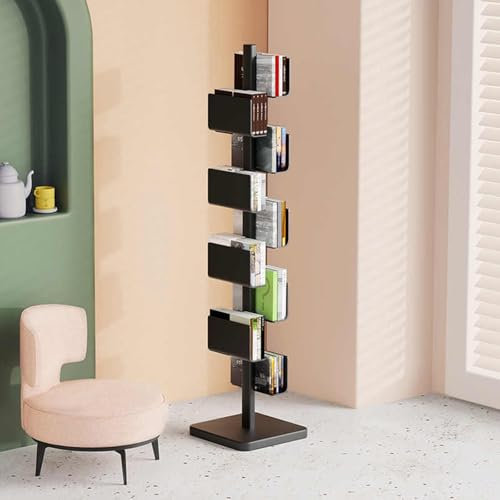 HARELA 9 Ebenen Vertikales Bücherregal, Metall Bücherregal Bodenstehendes, Bücherturm Freistehend Ecke Regal, Bodenstehende Bücherregale, Für Schlafzimmer, Wohnzimmer, Büro(Black)