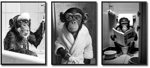 JINZUNRUI Badezimmer Deko Bilder, Schwarz-weiß Bad Poster A4 Wandbilder, Lustige Schimpansen auf WC Toilette Wand Deko, Leinwand Badezimmer Bilder- Ohne Rahmen