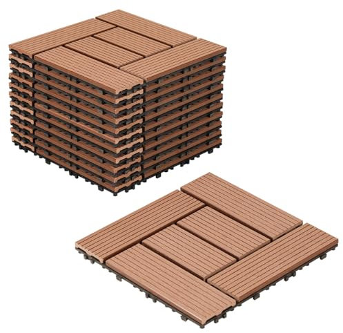 Lospitch WPC Terrassenfliesen, 66 Stück für 6m² WPC Fliesen 30x30 cm Balkon Bodenfliese, Terrassendielen Balkonfliesen Klickfliesen mit Klick-System, Terrassendielen Wasserfest, Braun