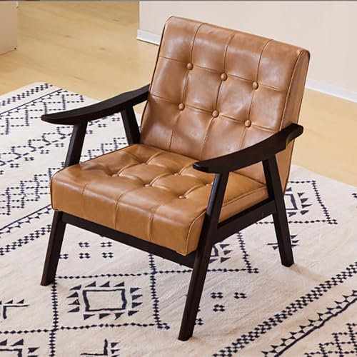 GAOCUNBING PU-Ledersessel, Ledersessel mit Holzrahmen, Retro-Loungesessel, Mid-Century-Holzsessel, Sofasessel für Wohnzimmer und Schlafzimmer F,70X68X65cm