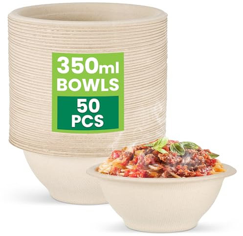 Hejo 350ML Cuencos de Papel, 50 Piezas Cuencos de Caña de Azúcar, Platos, Tazón de Papel, Tazón de Sopa Perfecto, Vajilla para Fiestas, Bodas, Picnics