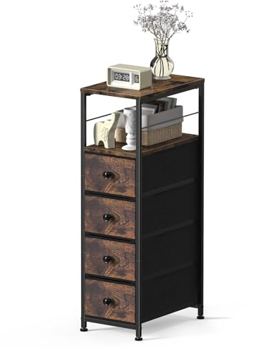 LIANTRAL 5-Tier Narrow Dresser for Bathroom, Slim Dresser Storage Cabinet, Chest of 4 Fabric Drawers & Wood Shelf, Bedroom Organizer Tower for Small Space, Closet, Laundry, Rustic Brown