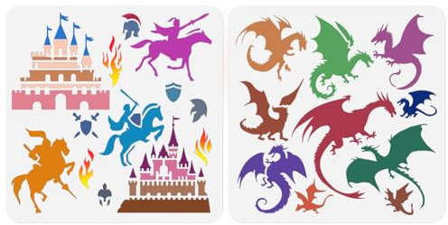 2 Stück Schablonen Zum Malen Fliegendem Drachen Burg Ritter 30 x 30cm Große Zeichenschablone Aus Kunststoff Fantasie DIY Handwerk Farbe Vorlagen Wand Home Decor Holz Brennen Leinwand Journal