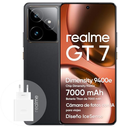 realme GT 7 Smartphone 5G de 12+256 GB, chipset Insignia Dimensity 9400e, batería Titan de 7000 mAh, Pantalla de 6000 nits, cámara IMX 906 OIS de 50 MP, planificador con IA, IP69, IceSense Negro