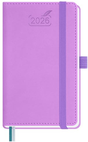BEZEND Taschenkalender 2026 Klein 15,5 x 9 cm | Kalender 2026 Buchkalender 1 Woche 2 Seiten | Terminplaner 2026 Wochenplaner A6 mit Stiftschlaufe & PU-Leder Hardcover - Lavendel