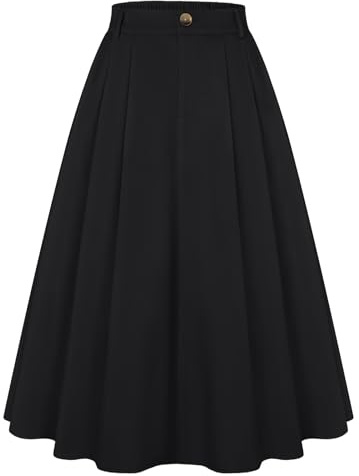 Belle Poque Women Casual Midi Skirt A Line High Elastic Waisted Pleated Vintage Skirt for Church Office Work Black 2XL