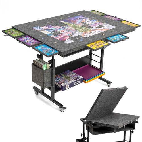Tektalk 2000 Piece Foldable Felt Jigsaw Puzzle Table with Height Adjustment, Puzzle Board for Adults with 2 Cover & 8 Sorting Trays/Drawers, Easel with Legs, Enclosed with 4 Roller Wheels - Dark Gray