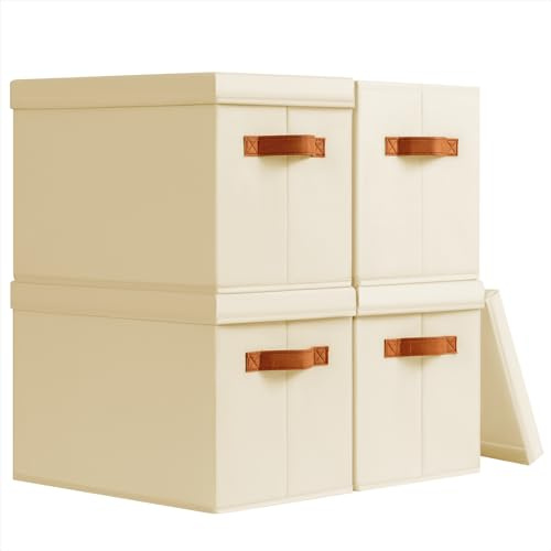 Homsorout Aufbewahrungsboxen mit Deckel Faltbox 35x25x25cm, Beige, 4er Set | Aufbewahrungsboxe Stoff Faltbare, Storage Boxes Organizer, Stoffboxen Aufbewahrung Für Kleidung, Schrank, Würfelregal, Socken