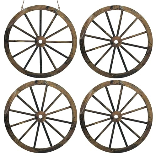 Modixun 4 Pack Wagon Wheel Decor, 30cm Wooden Western Cowboy Party Decorations, Vintage Rustic Wood Cartwheel Country Wall Decor for Home Room Garden Outdoor, Hang or Stick