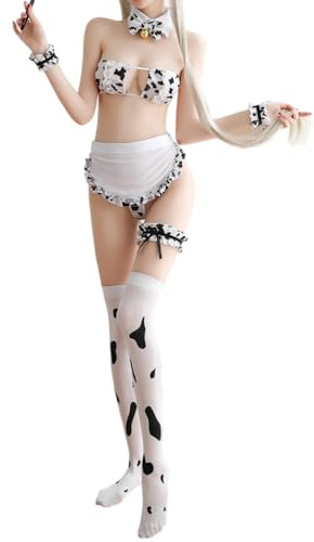PARUPRUP Donne Sexy Cosplay Mucca Vestito Lingerie Modello Latte Reggiseno Gioco Di Ruolo Carino Anime Bodystocking (Stile 2-Grembiule, Taglia unica)