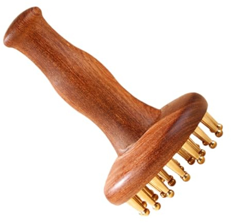 GARVALON Leichte Ergonomische Sandelholz Massagebürste mit Messing Meridiankamm für Kopfhaut und Bauchmassage für Arbeit und Reisen