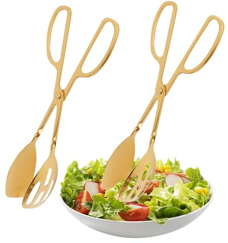 Juego de 2 pinzas para servir ensalada y servir, pinzas para espárragos con mango de tijera, pinzas para espaguetis, cubiertos de acero inoxidable para barbacoa, cocina, servir y pasta (dorado)