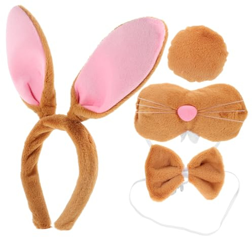 LALADEFIEE Cosplay Orejas de Conejo de Peluche Marrón Diadema Pajarita Decorativa y Accesorios para Disfraz Animal Halloween Fiesta