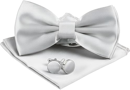 Aohyue Nodo a Farfalla, Papillon per Uomo, Cravatta a Farfalla Uomo Regolabile, Gemelli Eleganti e Fazzoletto in Seta, per Matrimoni, Cerimonie e Abbigliamento Business (Argento)