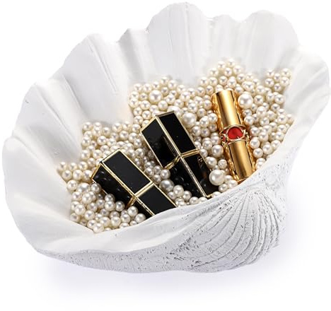 OLegei Plat à bagues Plateau à bijoux coquillage en résine plat décoratif plateau de rangement pour clés et boucles d’oreilles Table de chevet (25 * 21 * 9cm), blanc