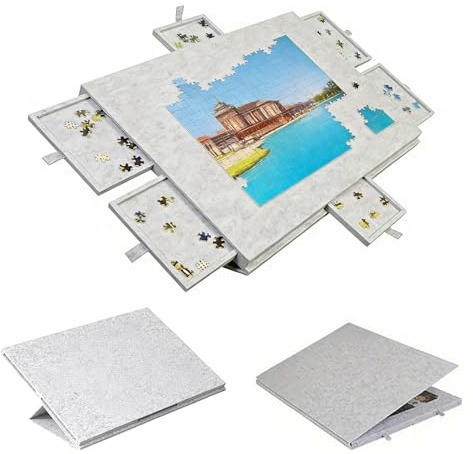 LUPATDY Svängbart pusselbord 1 000 bitar – pusselbräda med 6 lådor och filtyta, bärbar pusselbräda med 2-i-1-stativ, perfekt för hem och resor, 52 x 77 cm, silvergrå