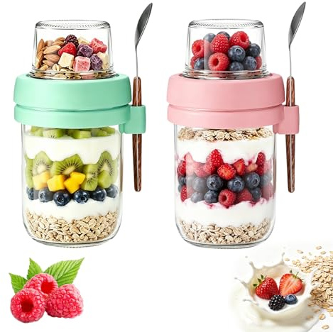 Müslibecher to Go mit Löffel,Joghurtbecher mit Toppingbehälter 480ml + 120ml,Overnight Oats Glas, Auslaufsicherer Müsli to Go Becher für Joghurt,Müsli,Salat,Meal Prep Frühstücksbecher (16oz-2 Stück)