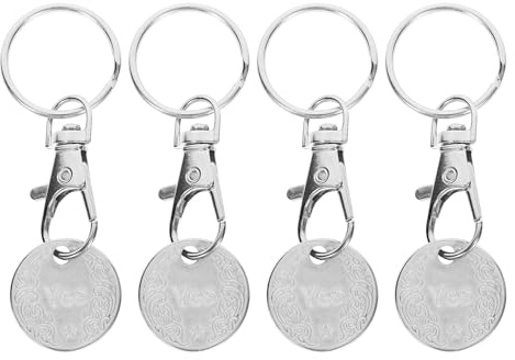 PRETYZOOM 4pcs Stainless Steel Keychain Set Shopping Trolley Tokens, Small Metal Cart Coin Key Rings for Grocery Shopping and Supermarket Use