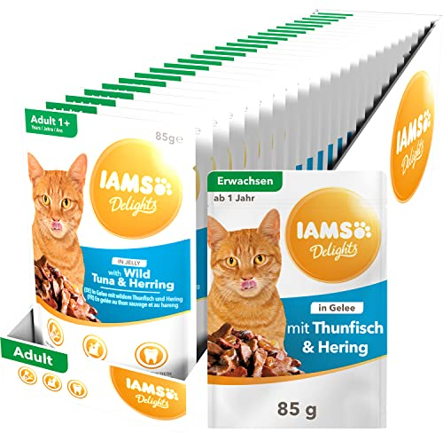 Iams Delights Katzenfutter Nass mit Thunfisch & Hering in Gelee - Multipack für Erwachsene Katzen, 24 x 85g
