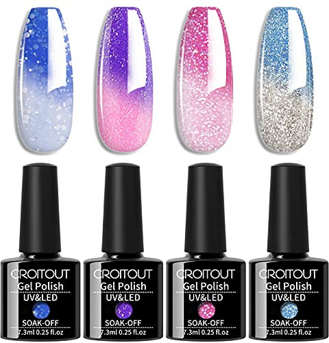 Croitout UV Farbwechsel Gel Nagellack Set, Thermo Shellac Gellack Kit, Mehrfarbig Ablösbarer Nagelgel Farbgel Nagel, Chameleon Polish Set 4 x 7.3ml (4WB-005, 4WB-005)