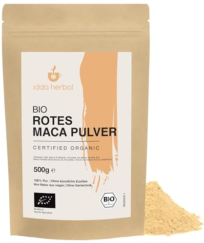 IDDA Herbal Maca Pulver rot BIO aus Peru 500g, rote Macawurzel gemahlen | bio Maca Pulver, ideal für Smoothies, Shakes, Müsli, Porridge, Joghurt, Kuchen, Muffins, Pancakes & Energiebällchen