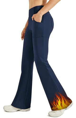 G4Free Fleecefodrade utsvängda damleggings, stretchiga yogabyxor för kvinnor, bootcut, klänningsbyxor med 4 fickor för vardagligt arbete, Marinblått Xsp, M