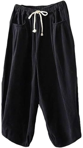 FTCayanz Femme Harem Pantalon Décontracté en Coton Jambes Larges Pantalon Hippie Baggy à Taille Élastiquée avec Cordon de Serrage Black M