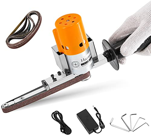 Huanyu Levigatrice elettrica a nastro portatile regolabile a 7 velocità, 9000 giri al minuto max, con 10 pezzi di nastri abrasivi per legno metallo lucidatura coltello affilatura strumento rettifica