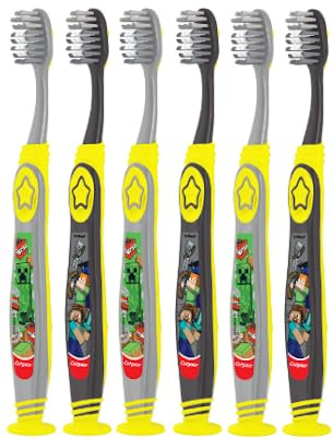 Colgate Kids Manual Minecraft Toothbrush, Minecraft, Extra Soft Bristles, for Children with Suction Cup, Kids 5+ Years Old, Extra Soft (Colors & Characters Vary) - Pck of 6