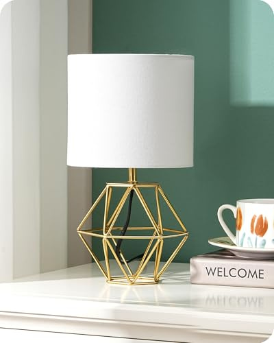 EDISHINE Bedside Lamp, Gold Diamond Cage, Linen Lampshade, Bulb Included | On-Off Line Switch, 4W 2700K Filament Bulb, E14 Socket, Metal Cage, for Bedroom, Living Room, Study, Elegant Decor