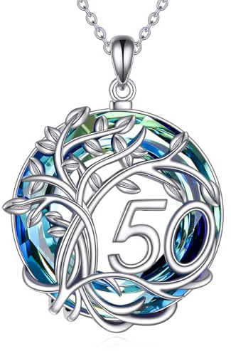 YFN 50/60/70 födelsedag present 925 sterlingsilver livets träd hänge livets träd hänge blå kristall smycken gåva för kvinnor män, Norm, Sterlingsilver, Plast