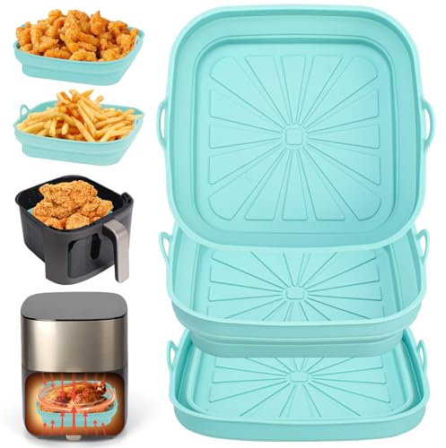 Alyvisun Moule Silicone Air Fryer, 3 Pièces Moule Panier Friteuse à Air Chaud Réutilisable Airfryer Plat Carré Pliable Doublure Liners pour Friteuse Air, Micro-ondes, Four (Bleu)