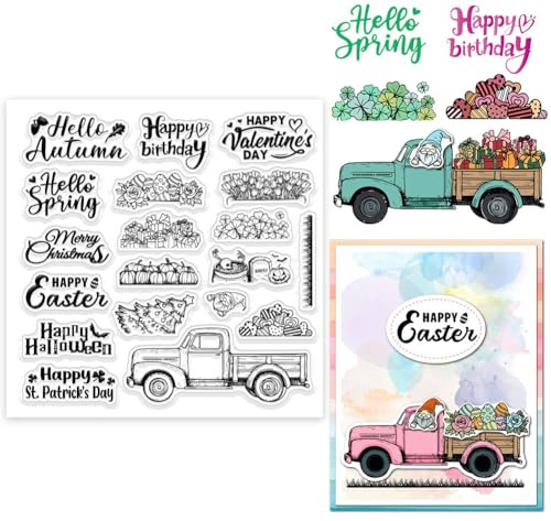 GLOBLELAND Klare Stempel Mit Urlaubs Pickup Truck Für DIY Scrapbooking Wichtel Und Geschenk Silikonstempelsiegel Transparente Stempel Zum Erstellen von Karten Tagebüchern Heimdekoration 5.91×5.91Zoll