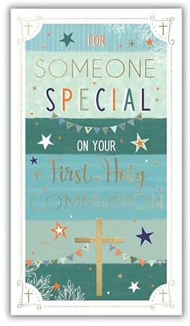 IC&G Someone Special First Holy Communion Congratulations Card - Communion Congratulations Card for Boys with Contemporary Cross and Stars Design and an Embossed Foil Finish
