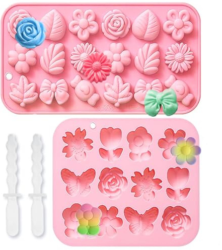 2Pcs Stampo Silicone Fiori Piccoli,3D Stampi in Silicone a Forma di Farfalla e Fiore per Cioccolato,Decorazione per Torte,Caramelle,Budini,Utensili da Cucina,Sapone,Candele