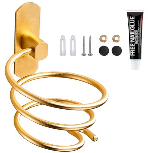 UptVin Support Seche Cheveux, Porte Seche Cheveux Mural Forme de Spirale avec Support de Câble Accroche Seche Cheveux en Aluminium Accessoires de Salle de Bain, Or