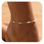 VIROMY Zierliche Perle Fußkettchen für Frauen 14k Vergoldet Sommer Strand Perle Fußkettchen Nicht Anlaufen Wasserdicht Zierlichen Fuß Kette