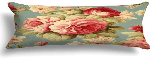 Yelolyio Pink Cabbage Roses Romantic Aqua Body Pillow 20x59 Cotton Decorative Body Pillow Cover Case with Zipper for Bedding Sofa Hotel,Long Pillowcase for Adults Pregnant Women Girl