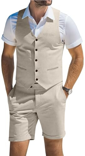 Costume 2 pièces en lin pour homme avec gilets courts et gilets pour homme - Tenue décontractée pour l'été, la plage, les garçons d'honneur, le mariage, beige, Taille XL