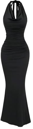 GORGLITTER Women's Draped Halter Tie Backless Fishtail Dresses Ruched Bodycon Maxi Night Out Dress