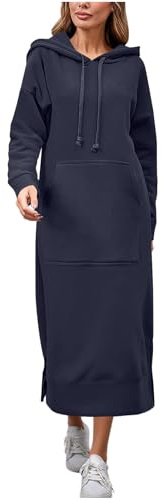 Hoodie Dresses for Women Winter Hooded Dress Long Length Fleece Lined Hoodies Sweatshirts Solid Color Long Sleeved Sweater Dress Plus Size Warm Casual Maxi Dresses with Kangaroo Pocket Navy