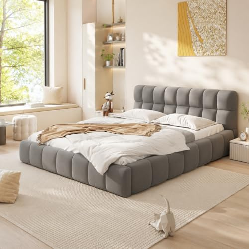 CDQL Bubble Bett 140x200 cm, Polsterbett Doppelbett mit Lattenrost und weicher Rückenlehne, Jugendbett, geeignet für Schlafzimmer und Gästezimmer, Leinen, Grau