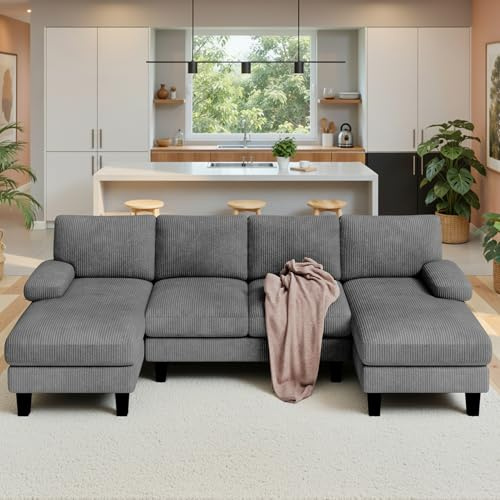 Xbro Divano Angolare a U 4 Posti con Doppia Chaise Longue, Divano Grande Moderno da Soggiorno e Salotto in Velluto a Coste, Struttura in Legno e Metallo 271x122x86 cm, Grigio Scuro
