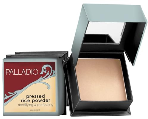Palladio Pressed Rice Powder, Face Mattifying Setting Powder, Oil Absorbing, Poreless Makeup Foundation Perfecting, Facial Blotting Compact with Mirror, Includes Sponge, Translucent