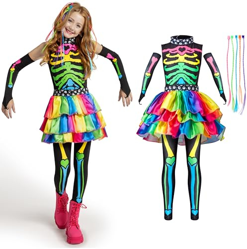 Spooktacular Creations Funky Punky Bones Buntes Skelett Deluxe Mädchen Kostüm Set mit Haarverlängerungen für Halloween Kostüm Anzieh Partys