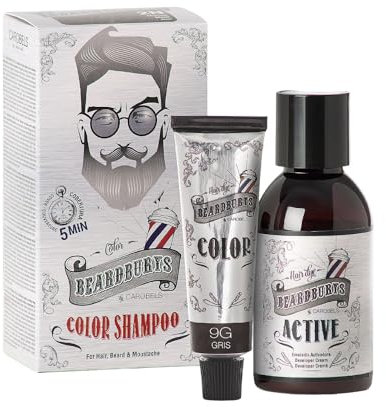 Beardburys Color Shampoo para Barba, Bigote y Cabello, Cobertura de Canas Semipermanente, sin Parabenos, Colour Gris 30 ml y activo 45 ml