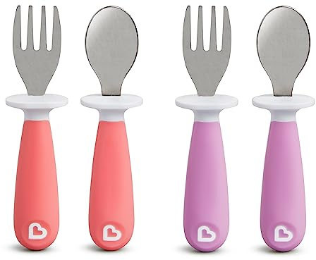 Munchkin® Raise™ Toddler Fork and Spoon Utensil Set, Rest Keeps Tip Off Table, BPA Free, 4 Pack, Pink/Purple